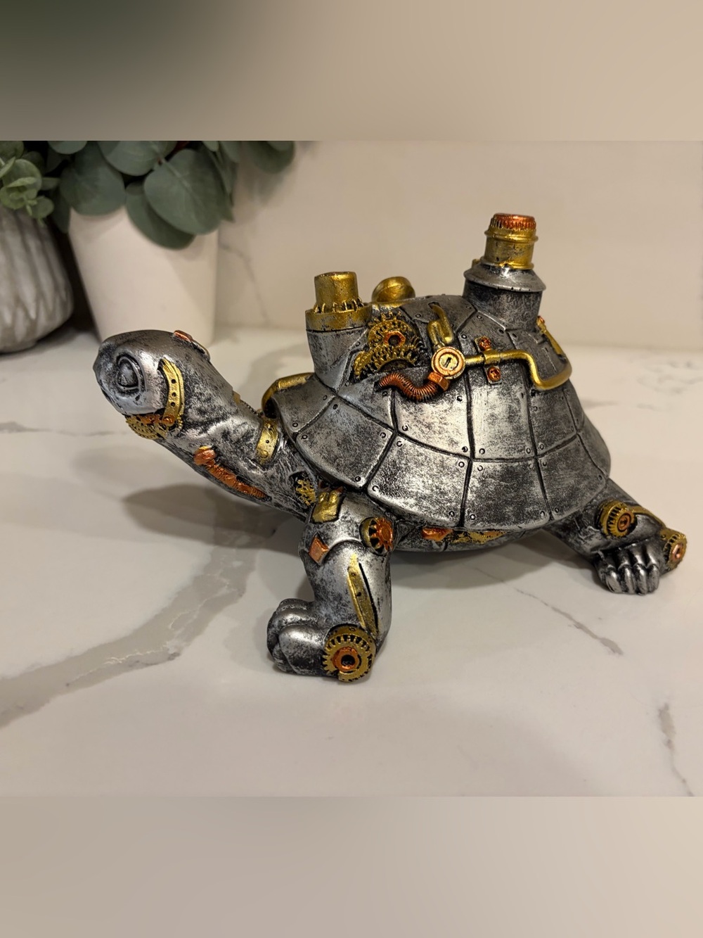 Steampunk Sea Turtle Figurine Resin Sculpture Metallic Gears & Pipes Decor 7.5"